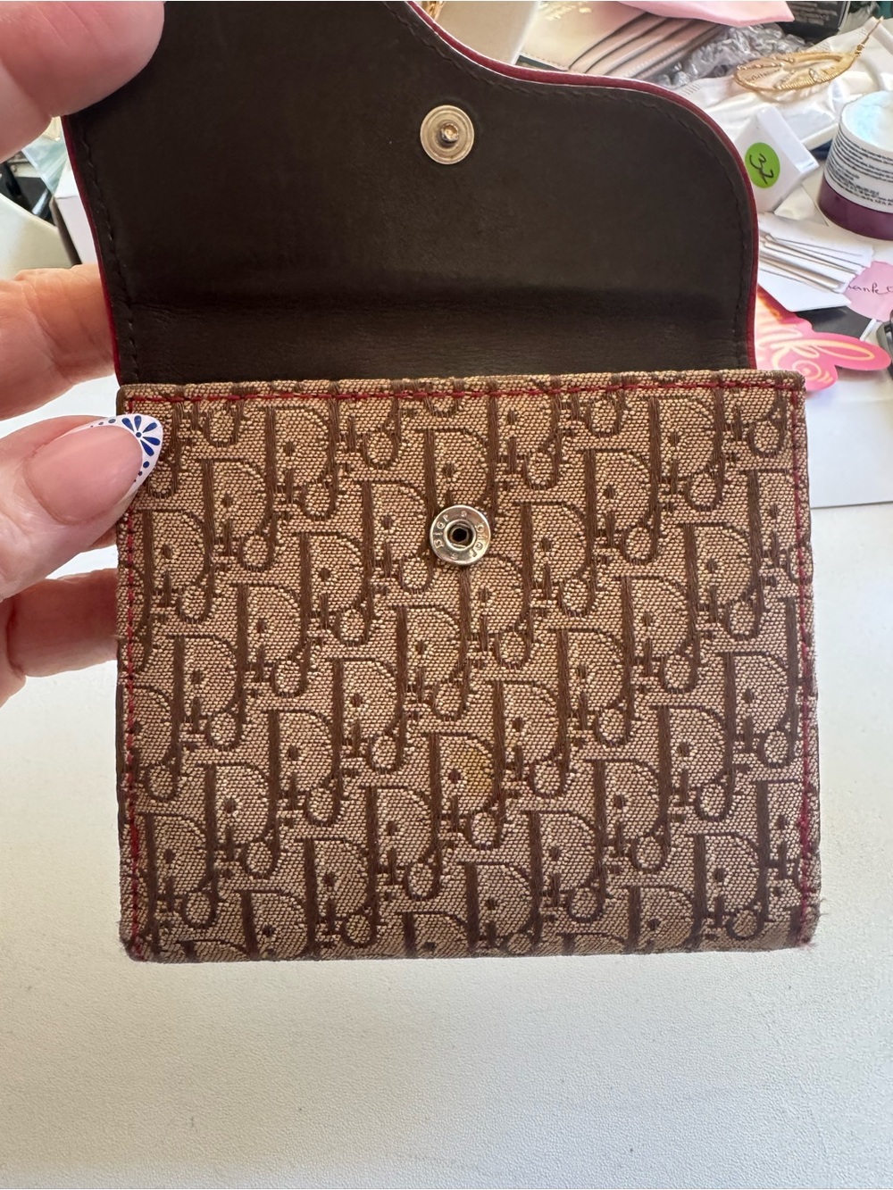 Dior Brown Monogram Canvas Tri fold Wallet with Red Trim and Green-Yellow Accent - Picture 2 of 13